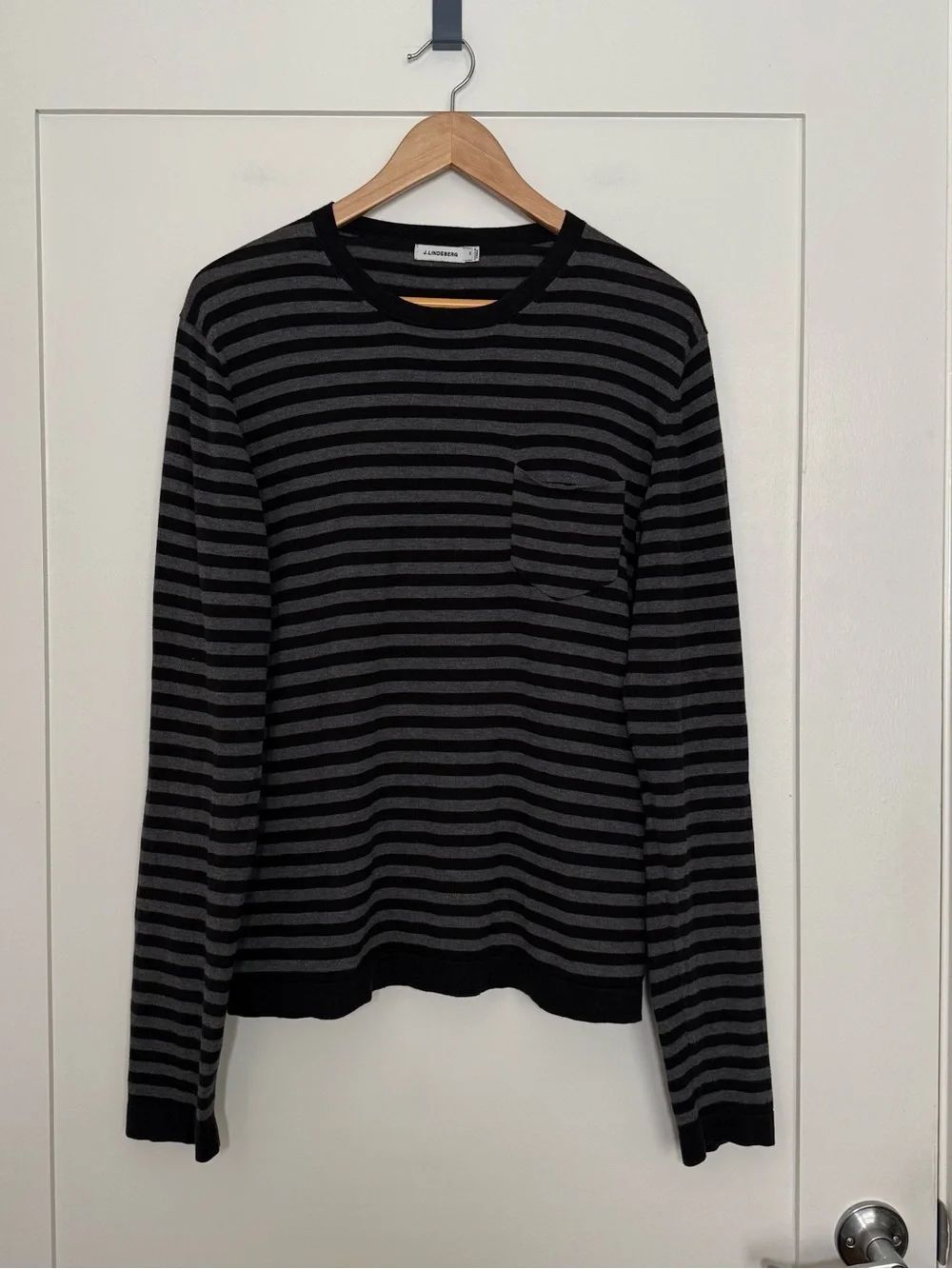 J Lindeberg Sweater Mens Sz XL Gray Striped Long Sleeve Pullover Cotton Preppy